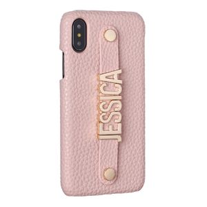 Correa de sujeción Personalización Nombre de metal personalizado Funda de cuero para teléfono móvil para iPhone 12 11 Pro XS Max XR 7 7Plus 8 8Plus X