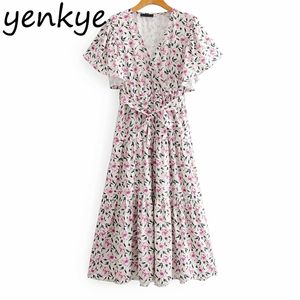 Holiday Robe d'été Femmes Floral Imprimé Décontracté Beach Boho Lady V Cou Cou Sleeve Socke Sashes A-Line Long Shundress 210514