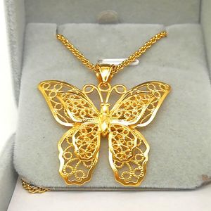 Collar de cadena con colgante de mariposa hueca, filigrana rellena de oro amarillo de 18k, joyería grande Gift263q