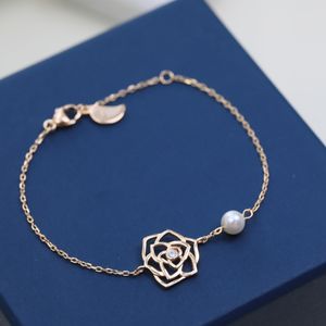 Bracelet creux en perles de camélia rose avec diamant en argent sterling 925 plaqué or rose 18 carats français haute valeur de beauté