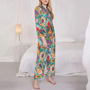 Vêtements à la maison 70S 60S Boho rétro Pyjama Set Hippy Chic Imprimerie de mode Mode Dame Long Manches Casual Loose Bedroom 2 Pieces Costume