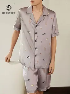 Accueil Vêtements Birdtree Mulberry Silk Pajamas Set Men Men Short Short Print Vacation Loose Loose Casual Hortwear 2024 Été S439109QC