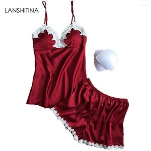 Ropa en el hogar Lanshitina Pajamas Sets for Women Fashion Lace Satin Pijama Summer Nightwear