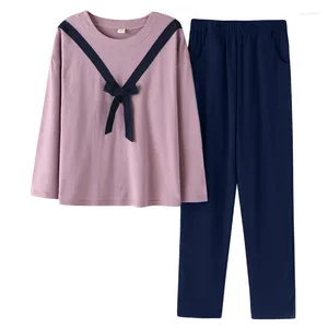 Ropa en el hogar Romántico Purple Dama Pajamas Otoño Pajama de manga larga Bow-Nook-Nooks Casual Track Yards M-XXL Cotton Pijamas Mujer