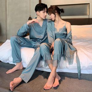 Ropa de casa Sexy 3 uds bata pijamas pantalones conjuntos de pijamas de satén de seda traje de pareja 2023 ropa de dormir de encaje para mujeres ropa de dormir larga de noche para hombres