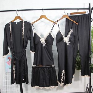 Inicio Ropa Ropa de dormir Conjunto de bata de 5 piezas para mujer, pijama sedoso, traje de kimono, bata de baño con adornos de encaje, pijamas SEXY, ropa informal de satén, lencería