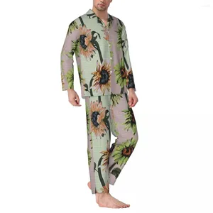 Inicio Ropa Conjunto de pijamas de girasol de dos tonos Arte de girasoles abstractos Ropa de dormir encantadora Hombre Traje de noche vintage de manga larga de 2 piezas