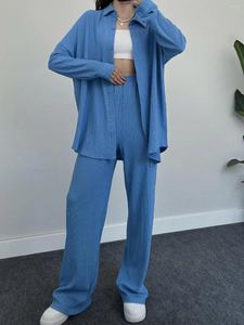 Home Vêtements Femmes Pyjamas 2 pièces Set Bouton Cardigan Shirgan V-Col à col femelle Chic Top High Taist Controime