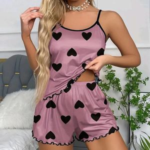 Ropa casera mujeres pijamas sleepwear set camisole shorts rosa s m l heart estampado checo cámaras cámaras top seda de seda cómoda casual