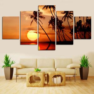 Décor à la maison Impressions HD Photos Peintures sur toile 5 pièces Coucher de soleil Plage Vague Palmiers Paysage marin Affiches Chambre Mur Art No Frame268m