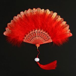 Decoración del hogar Otro Abanico plegable suave y esponjoso de mano Estilo chino Danza Aleta de plumas coloridas Burlesque Boda Vestido de lujo para mujer
