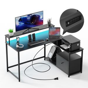 Bureau d'ordinateur de bureau avec tiroir de fichier, bande LED, prise de courant