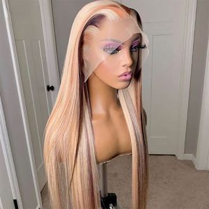 Perruque Lace Front Wig brésilienne lisse, cheveux humains, 13x4, Transparent HD, à reflets, blond miel, marron, simulation de cheveux humains, pour femmes