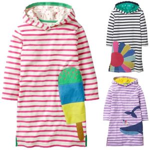 Hooded Baby Girl One-piece Dress Red Stripe Enfants Robes Automne Longues Filles Vêtements Enfants Blouse Tenues Ice Cream Pull Top 210413