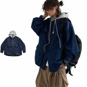 Veste en jean à capuche Hommes Femmes Vintage Cap détachable Cargo Manteau Japonais Oversize Lâche Casual Top Printemps Couple Unisexe Pardessus l0MS #