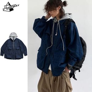 Veste en jean à capuche hommes femmes Vintage casquette détachable manteau Cargo japonais surdimensionné lâche décontracté haut printemps Couple unisexe pardessus 240202