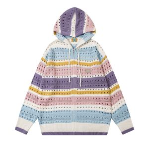 Abrigo de suéter con capucha Y2K Harajuku de punto con rayas de arcoíris y cremallera, suéteres, ropa de calle, abrigos sueltos de moda 2023