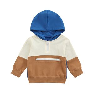 Sweats à capuche -06-29 Lioraitiin 0-4Years Toddler Baby Boy Hooded Tops with Pocket Zipper Color Matching Warm Casual Style Spring Clothing 230628