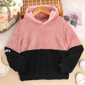 Hoodies Sweatshirts Girls Spring And Autumn Pink Black Panels Long Sleeve Hooded Pullover Coral Fleece Hoodie Polyester Casual Style Fashion 230815
