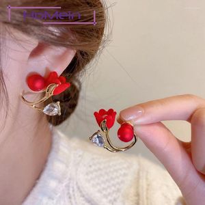 Boucles d'oreilles créoles 1 paire, bijoux coréens à la mode, fleur rouge, Imitation perle, élégant, doux, joli, cadeaux pour femmes