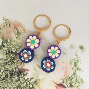 Boucles d'oreilles créoles bohême couleur or avec motif fleur violet foncé bleu rond polymère argile brin charme pour femmes bijoux Vintage