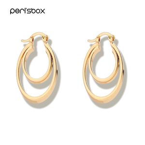 Pendientes de aro Peri'sBox, Color dorado y plateado, círculo interior geométrico, aros ovalados dobles, minimalistas para mujer, Huggie