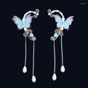 Boucles d'oreilles créoles femmes oreille de papillon en soie suspendue avec de longues perles gouttelette gland chinois boucle d'oreille Hanfu