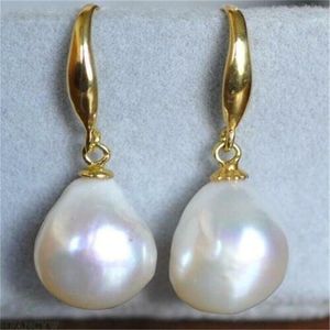 Hoop Huggie GENUINO AAA Mar del Sur de China Pendientes de perlas barrocas blancas Oro amarillo joyería fina Fabricación de joyas 231005
