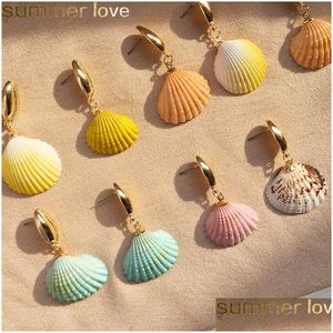 Hoop Huggie hecho a mano Colorf Shell Dangle Earring Bohemia Gold Irregar Sea Earrings para mujeres Girl Lady Summer Holiday Jewelry Gift Dhuia