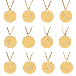 Collier avec pendentif Horoscope du zodiaque pour femmes, bijoux gothiques en cristal doré, 12 Constellations, colliers de déclaration, pièce ronde, breloque ras du cou, cadeaux