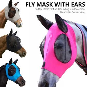 Masque anti-mouches pour cheval avec oreille Bob Eye bleu rose noir élastique 83-125cm réglable Anti-moustique nez Uv moustiques protection solaire