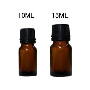 Botella de aceite esencial de vidrio ámbar de calidad, 10ml, 15ml, con reductor de orificio y tapa, viales marrones vacíos, herramientas para botellas