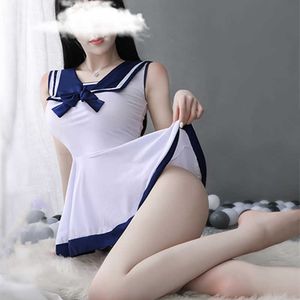 Hot 2 pièces nouvelle lingerie sexy bleu et blanc couleur correspondant JK uniforme marin costume revers ludique arc tentation pétale grande jupe Y0903