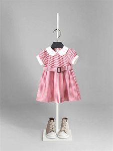 Hot 2020 vente ceinture à manches courtes mignon rose été nouvelle fille vêtements rayures manches fronde doux bébé robe anniversaire Dresse Q0716