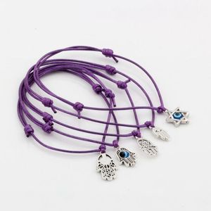 Chaud ! 50pcs mixte kabbaleh hamsa star de David Charms Bracelets réglables de corde de cire de couleur violette