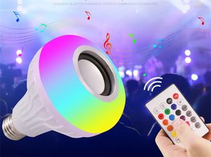 Hot E27 Smart LED Light RVB Haut-parleurs Bluetooth sans fil Ampoule Lampe Lecture de musique Dimmable 12W Lecteur de musique Audio avec télécommande 24 touches