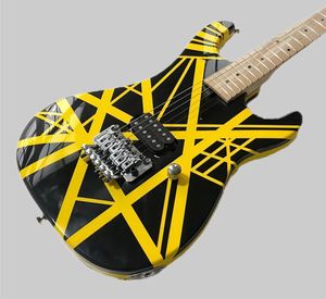 Hot Eddie Edward Van Halen 5150 Stripe jaune Stripe Black Guitar Banana Headtock, Floyd Rose Tremolo Bridge, écrou de verrouillage,