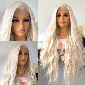 Perruques en dentelle chaude Aimeya Platinum Blonde Front pour femmes longues vagues naturelles cheveux synthétiques sans colle résistant à la chaleur fibre partie libre 221216