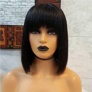 Pelucas de encaje caliente Mujer negra Brasileña Bob corto Peluca de cabello humano 100% Recto natural con flequillo Flequillo 221212