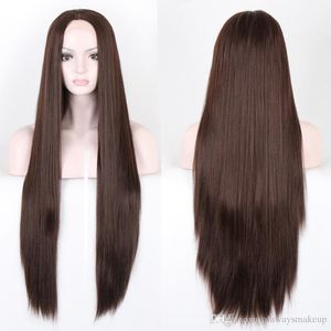 Perruques de cheveux synthétiques longs et lisses, 70cm, brun foncé, bon marché, de haute qualité, livraison gratuite