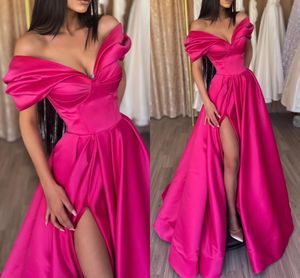 Vestido de noche Formal de color rosa intenso, largo hasta el suelo, manga corta, hombros descubiertos, satén, pasarela, vestidos de fiesta de graduación, vestido acampanado de Soiree 2023