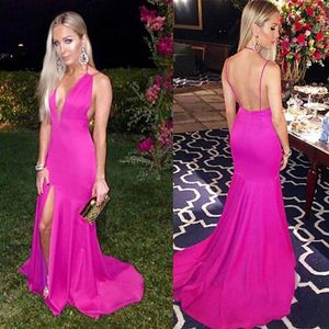 Hot Pink Prom Dresses Long 2017 Sexy Deep V Neck Backless Side Split Vestidos de fiesta formales por encargo EN9156