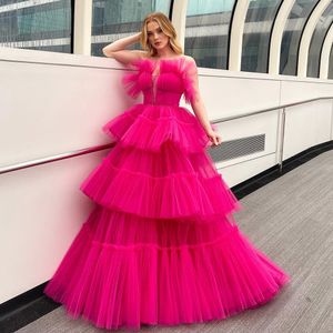 Hot Pink Tiere Ball Gown Vestidos de baile Sweetheart Beaded Ruffles Layered Celebrity Dress Multilayered Fucsia Tulle vestidos de noche