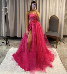 Hot Pink Tulle Une Ligne Robe De Bal 3D Fleur Appliques Chérie Haute Split Robes De Soirée Princesse Graduation Robes De Soirée Robe De Soirée