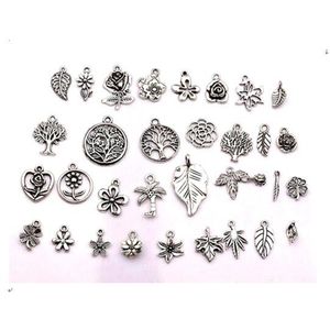 160 Uds. Colgantes de plata antigua con flores, árboles y hojas mezcladas para hacer joyas, pendientes, collares, accesorios DIY