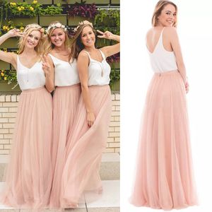 Venta caliente 2017 Blush Pink Tulle Vestidos de dama de honor de dos piezas Largo barato Blanco Con cuello en v Acanalado Longitud del piso Boho Vestidos de dama de honor EN3041