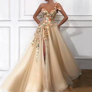 Hot Sale Beaded Side Split Prom Dresses One Shoulder 3D Floral Appliqued Formal Dress A Line Sweep Train Tulle Evening Gowns