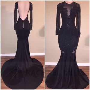 Vente chaude Elegant Black Illusion Robes Prom Robes Sexy Sexy Backless Mermaid Sleves Long Night Party Robes avec appliques perlées