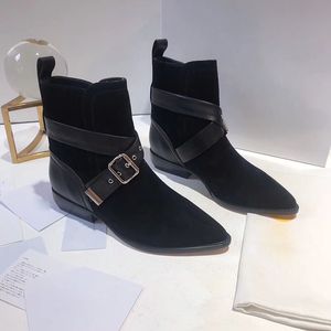 Vente chaude-mode et qualité noir pointu en cuir véritable moto bottes courtes appartements designer de luxe elle talon 3cm taille35-40