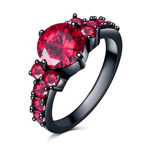 Moda flor anillo rojo rubí granate mujeres encantadora joyería de compromiso negro oro lleno promesa anillos Bijoux Femme